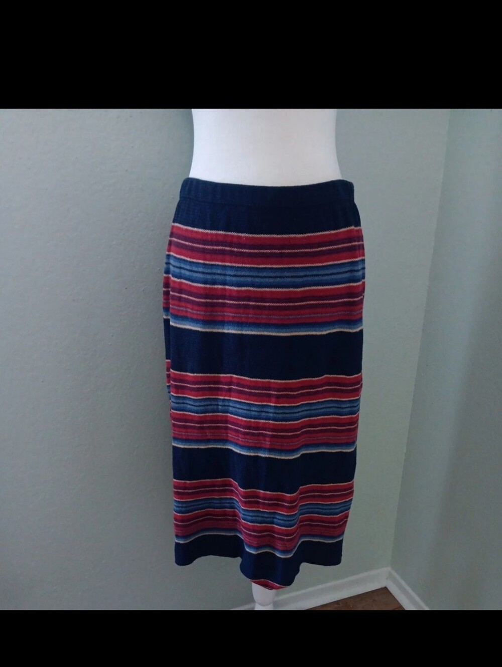 Ralph Lauren Striped Blanket Knit Midi Skirt in Navy and Red Sz S cotton Linen